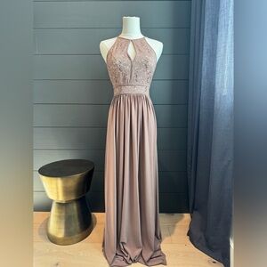 Morgan & Co. Tan Taupe Sleeveless Lace Sequin Top Empire Waist Maxi Dress